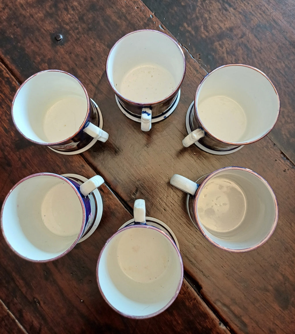 Set of 6 Antique Staffordshire Chinoiserie Child’s Mugs Gaudy Welsh