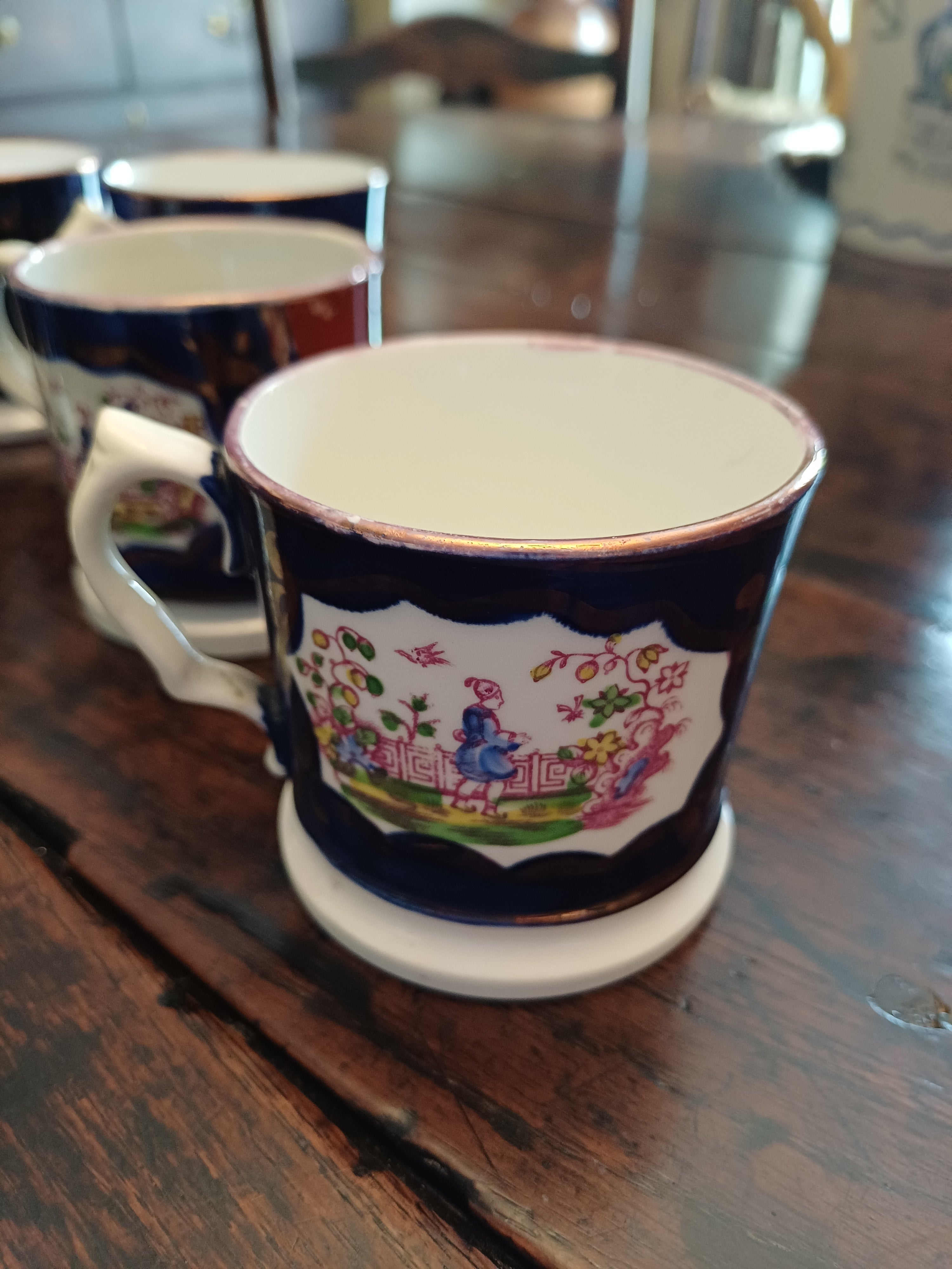 Set of 6 Antique Staffordshire Chinoiserie Child’s Mugs Gaudy Welsh