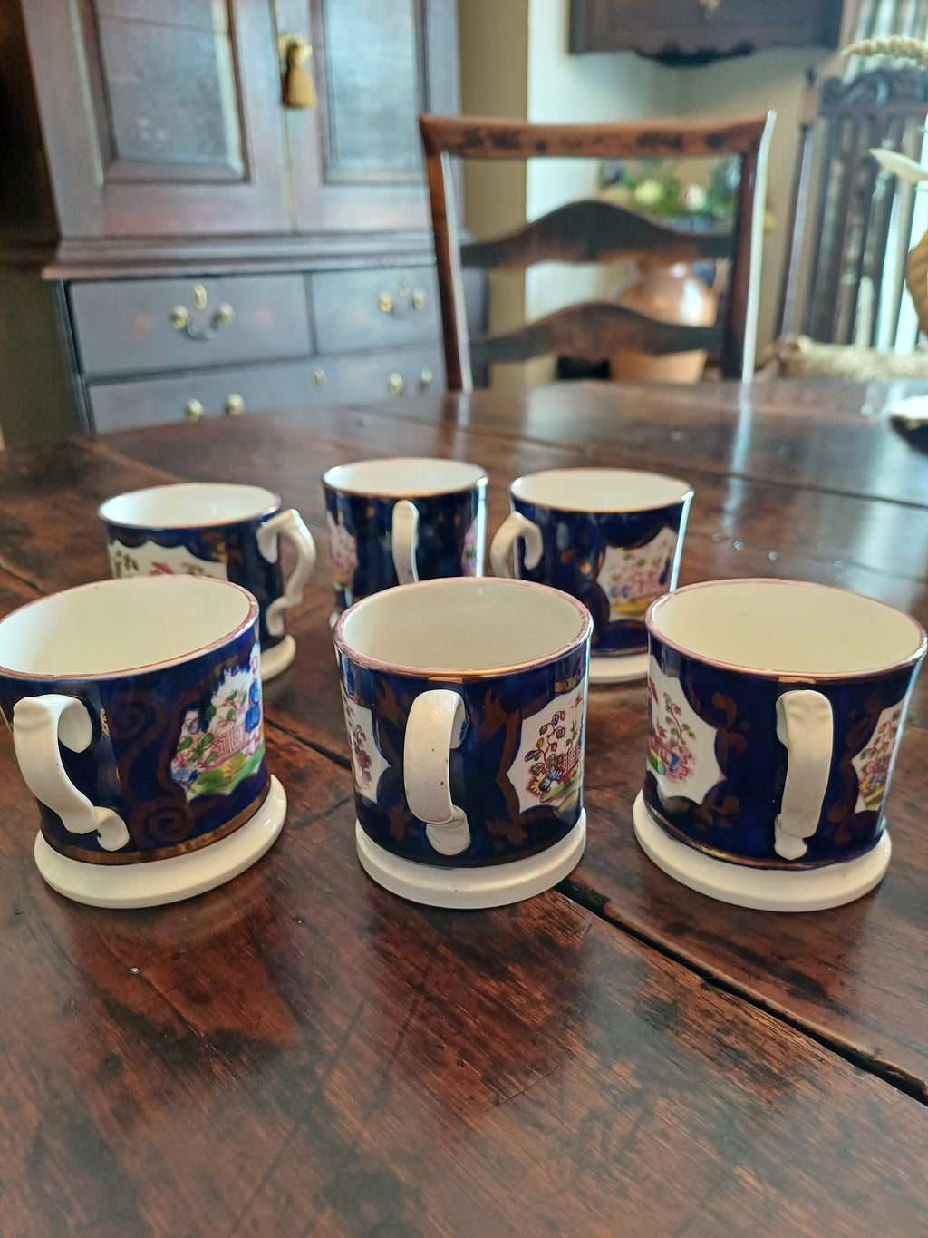 Set of 6 Antique Staffordshire Chinoiserie Child’s Mugs Gaudy Welsh
