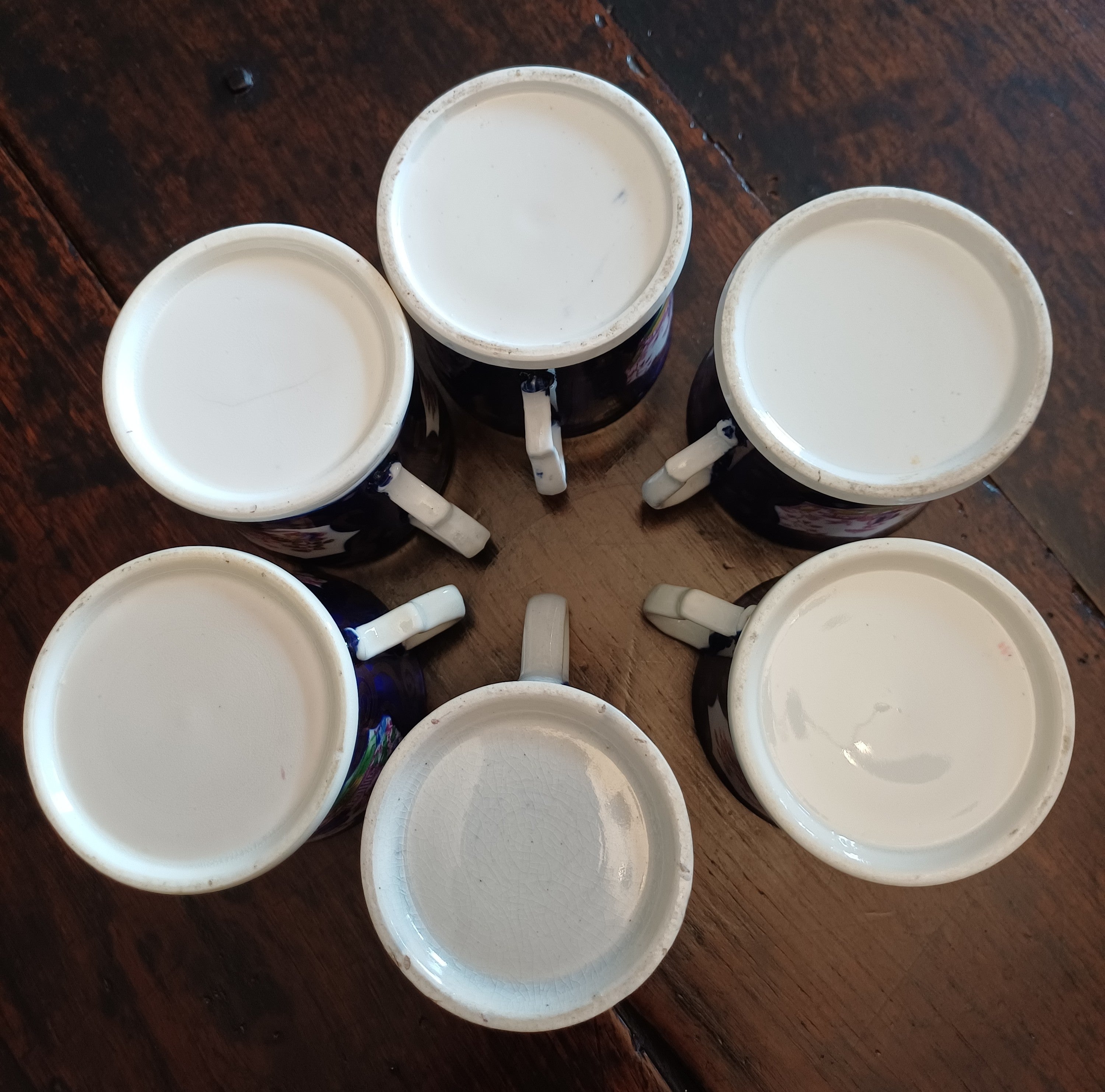 Set of 6 Antique Staffordshire Chinoiserie Child’s Mugs Gaudy Welsh