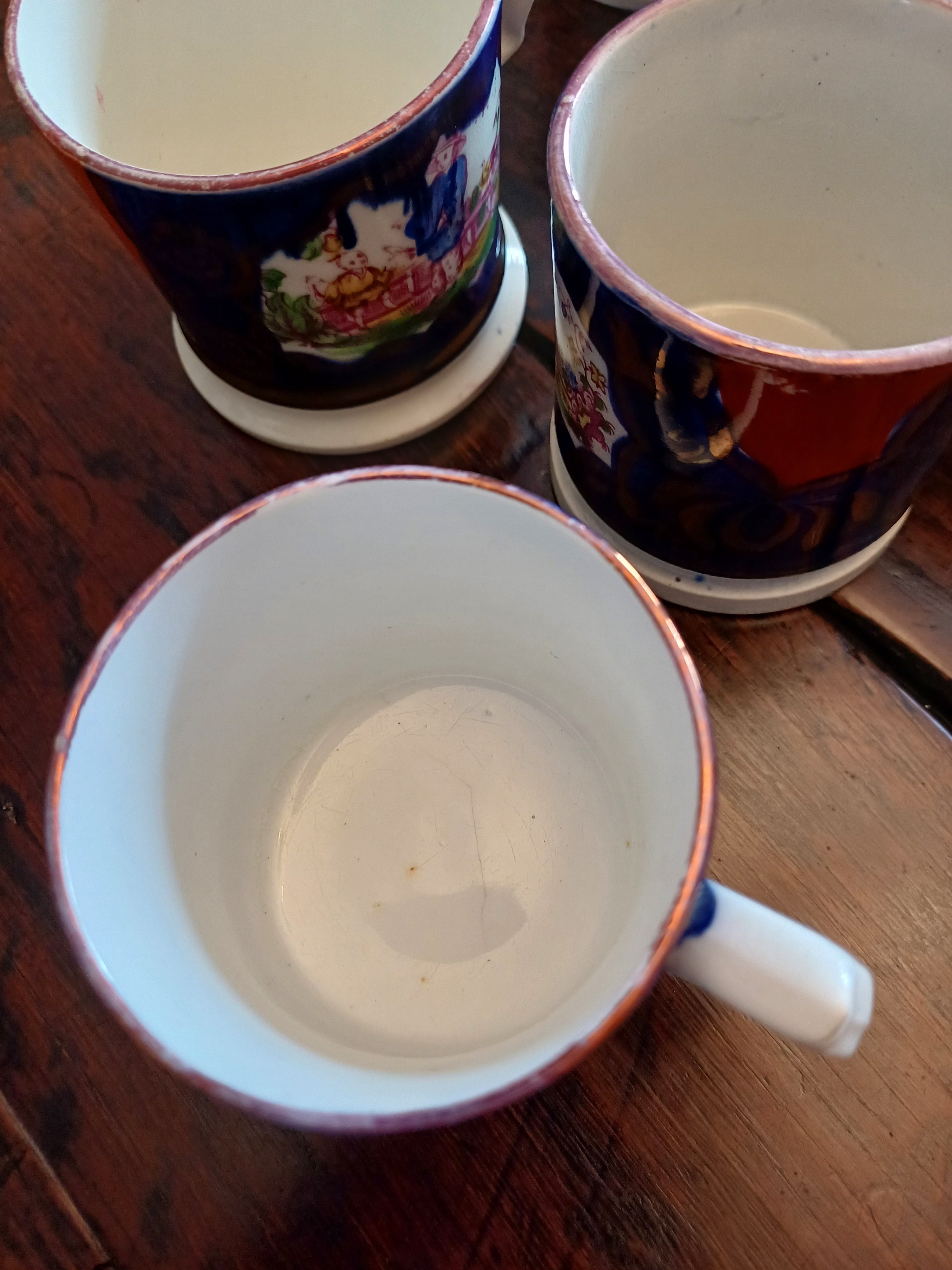 Set of 6 Antique Staffordshire Chinoiserie Child’s Mugs Gaudy Welsh