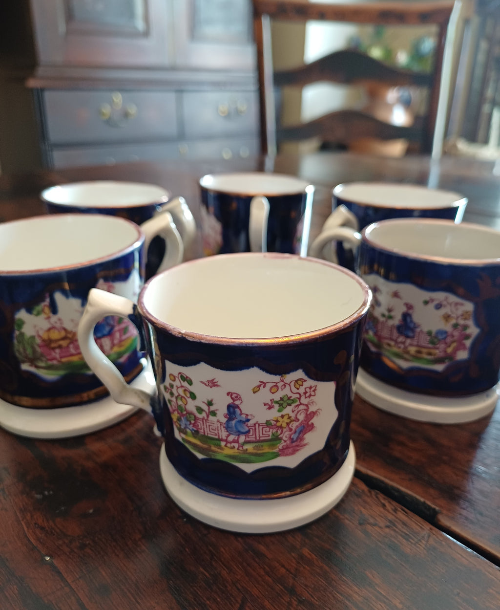 Set of 6 Antique Staffordshire Chinoiserie Child’s Mugs Gaudy Welsh