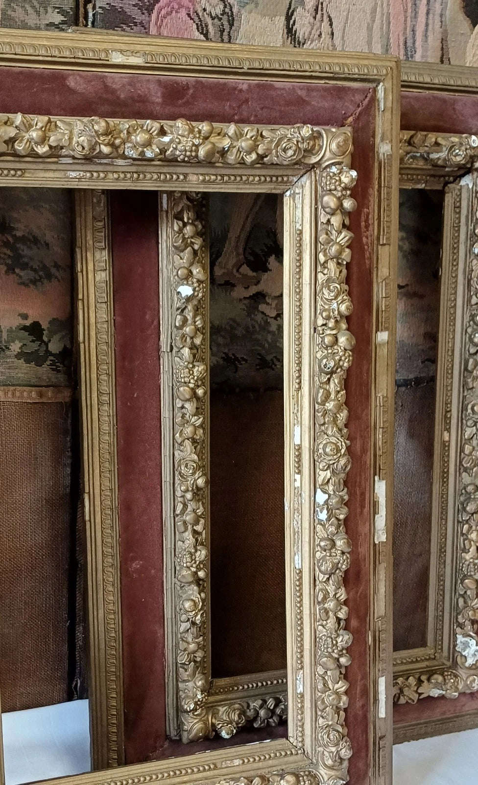 Pair of large antique Victorian shadow box Gilt Gesso and velvet frames