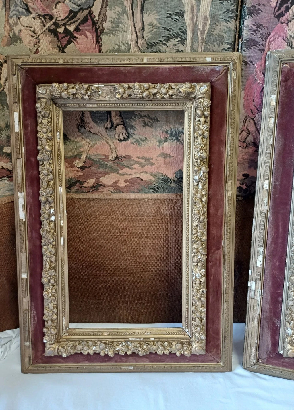 Pair of large antique Victorian shadow box Gilt Gesso and velvet frames
